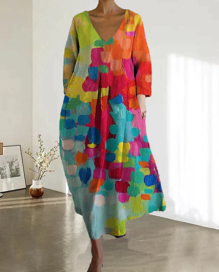 Vina | Women’s Oversize Colorful Printed Dress with V-Neck