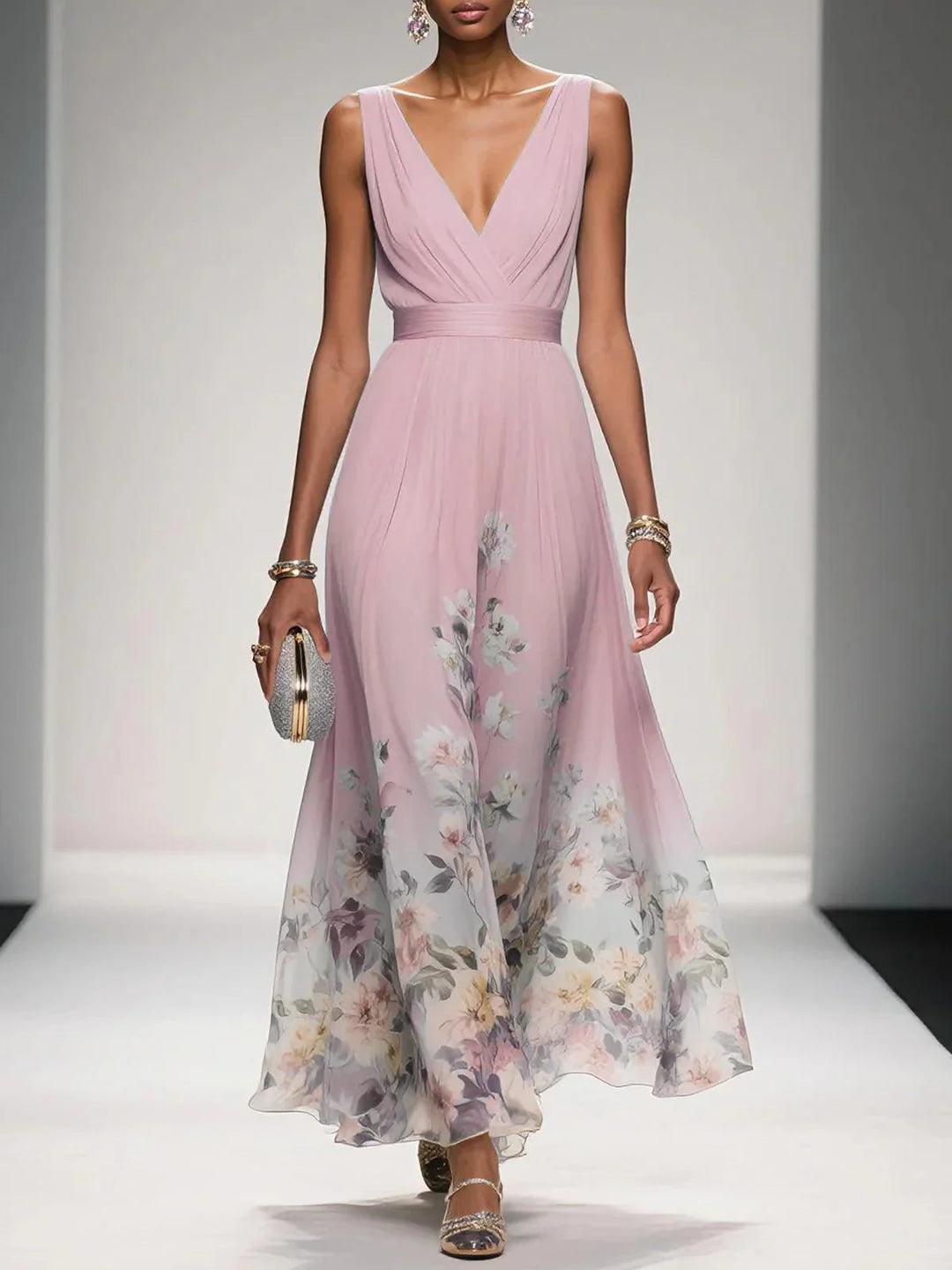 Marcea | Women's Floral Chiffon V Neck Maxi Dress with Belt
