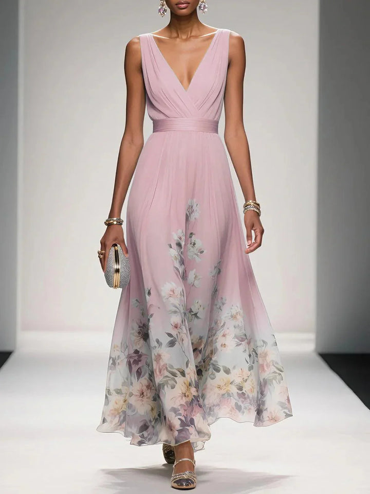 Marcea | Women's Floral Chiffon V Neck Maxi Dress with Belt