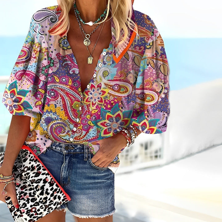 Mandira | Women’s Multicolor Mandala Pattern Blouse with Puff Sleeves and Buttons