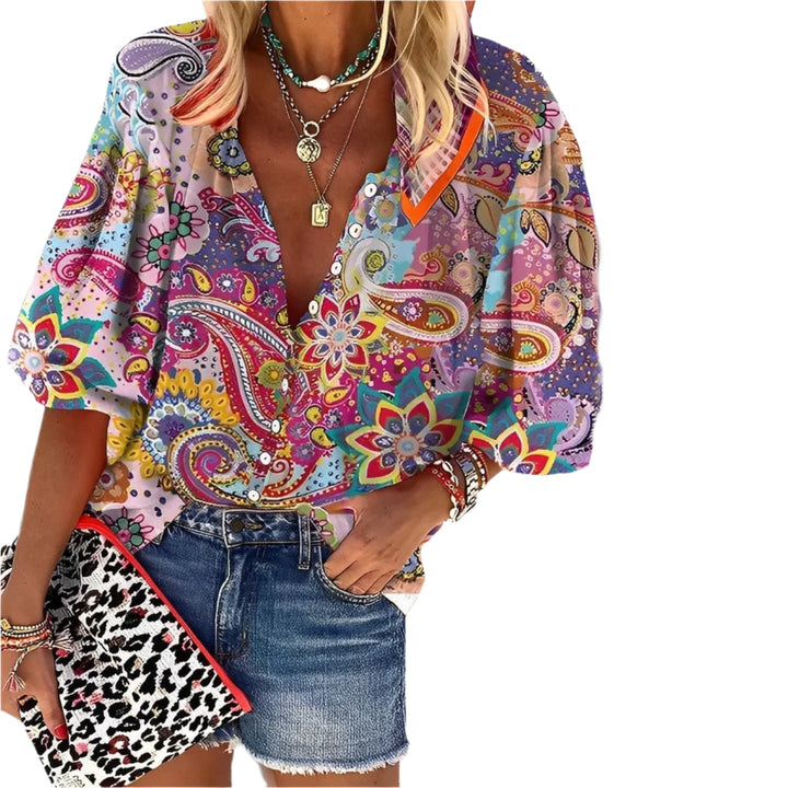 Mandira | Women’s Multicolor Mandala Pattern Blouse with Puff Sleeves and Buttons