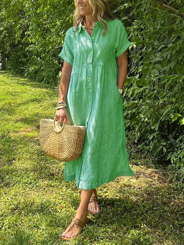 Brinley | Women's Striped Button Up Collar Dress with Pockets