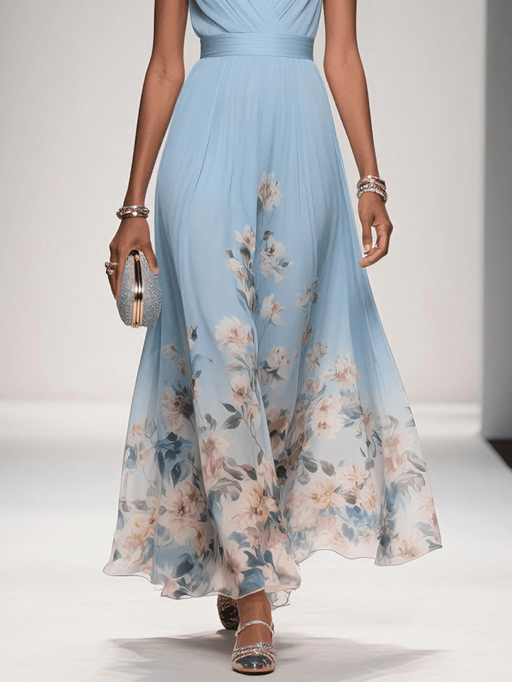 Marcea | Women's Floral Chiffon V Neck Maxi Dress with Belt