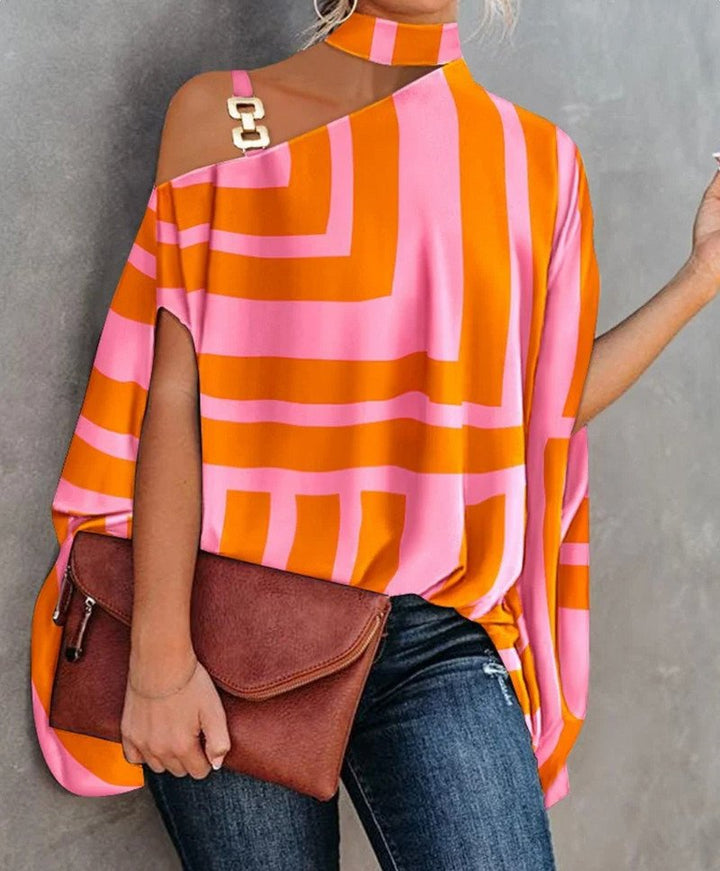 Sorina | Women’s Gold Accent One-Shoulder Blouse with Geometric Print