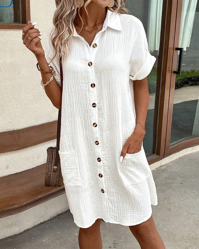 Indira | Women's Short Folded Sleeves Shirt Dress with Pockets