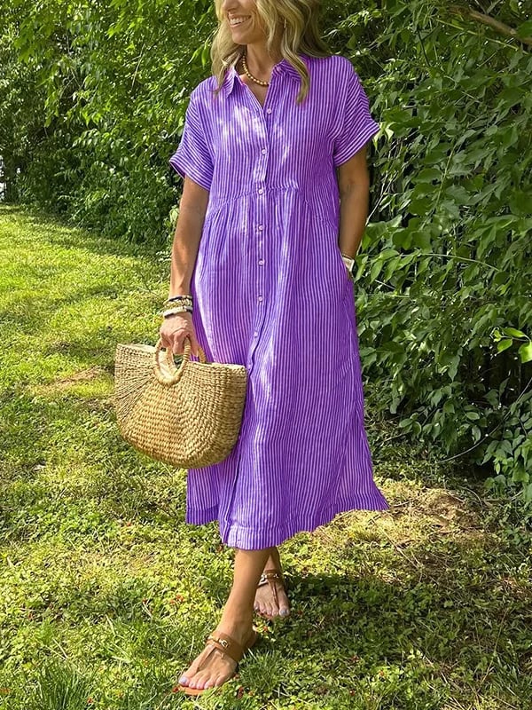 Brinley | Women's Striped Button Up Collar Dress with Pockets