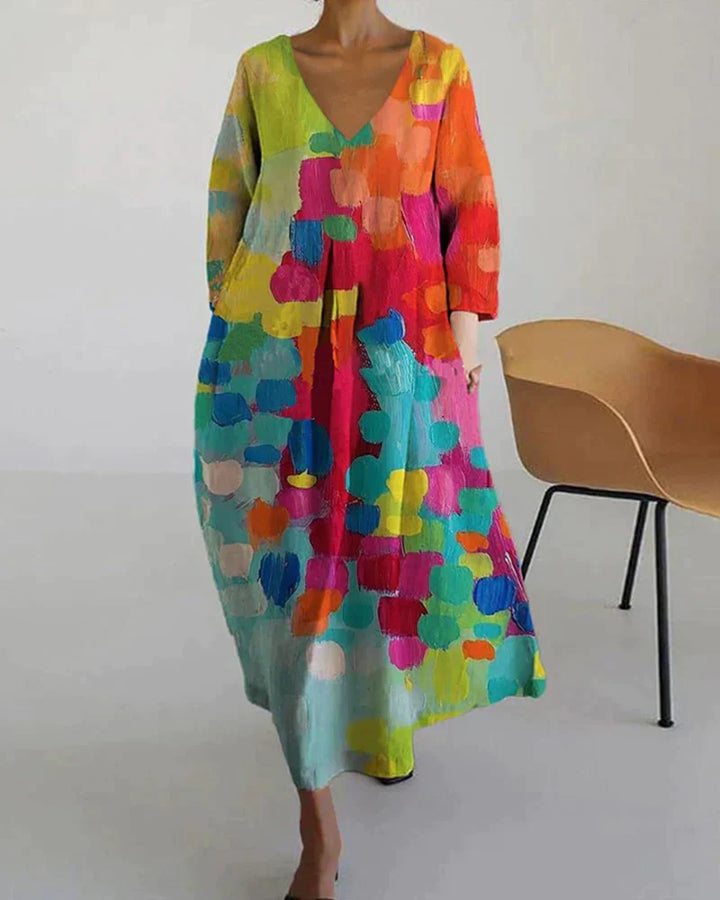 Vina | Women’s Oversize Colorful Printed Dress with V-Neck