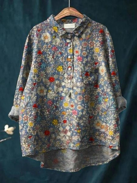 Linnea | Women's Lightweight Floral Blouse with Half Buttons and Collar
