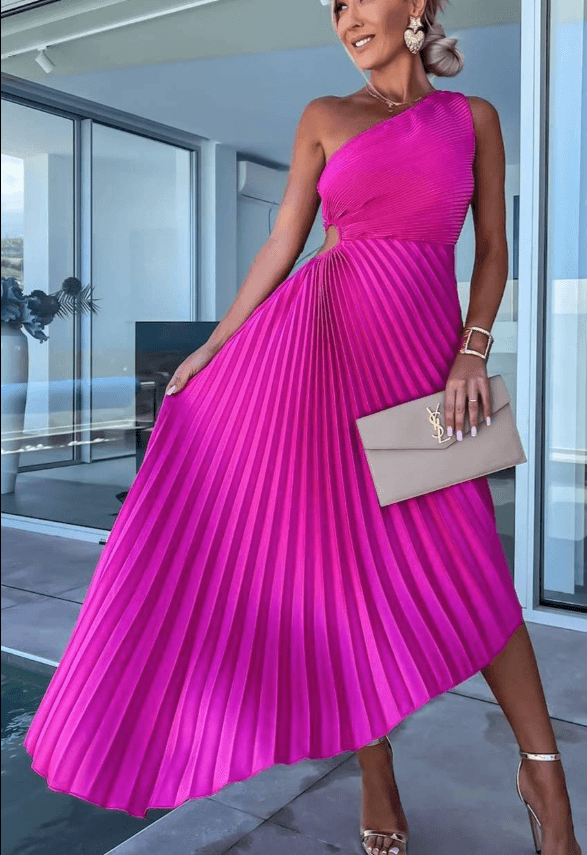 Arielle | Women’s One-Shoulder Pleated Midi Dress with Cut-out Waist