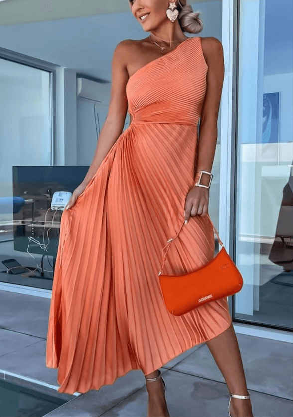 Arielle | Women’s One-Shoulder Pleated Midi Dress with Cut-out Waist