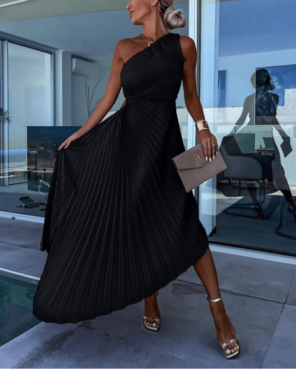 Arielle | Women’s One-Shoulder Pleated Midi Dress with Cut-out Waist