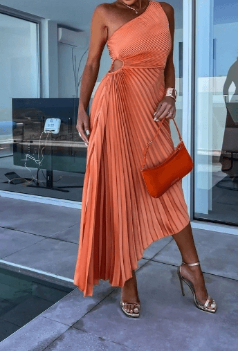 Arielle | Women’s One-Shoulder Pleated Midi Dress with Cut-out Waist