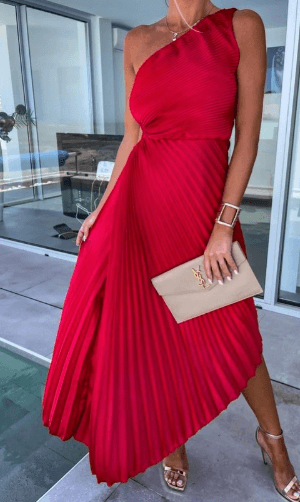 Arielle | Women’s One-Shoulder Pleated Midi Dress with Cut-out Waist
