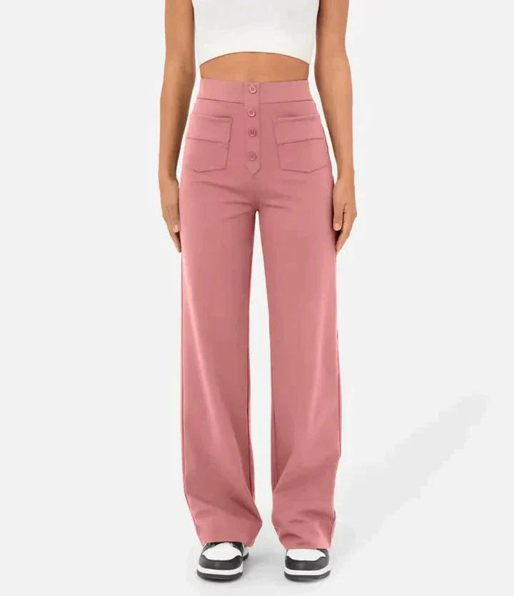 Mona | Women’s High-Waisted Buttoned Pants with Wide-Leg and Pockets