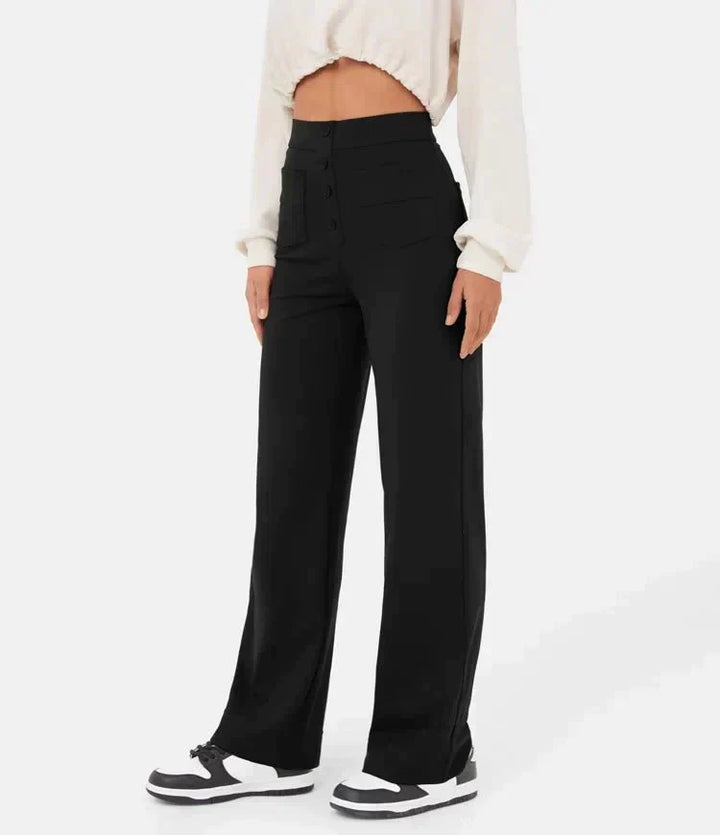Mona | Women’s High-Waisted Buttoned Pants with Wide-Leg and Pockets