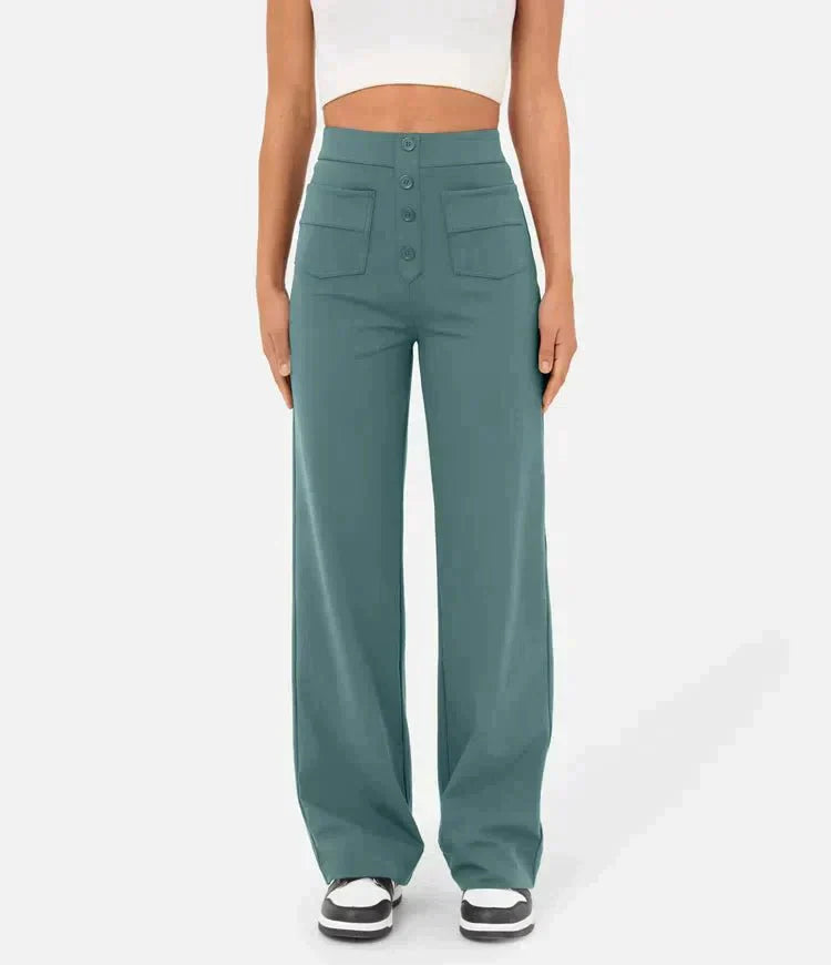 Mona | Women’s High-Waisted Buttoned Pants with Wide-Leg and Pockets
