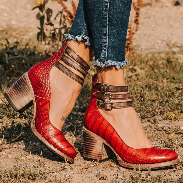 Cally | Women's Block Heel Leather Shoes with Three Strap Style