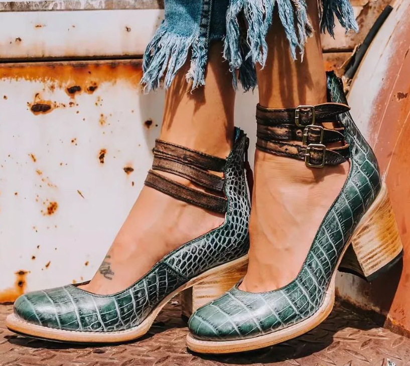 Cally | Women's Block Heel Leather Shoes with Three Strap Style
