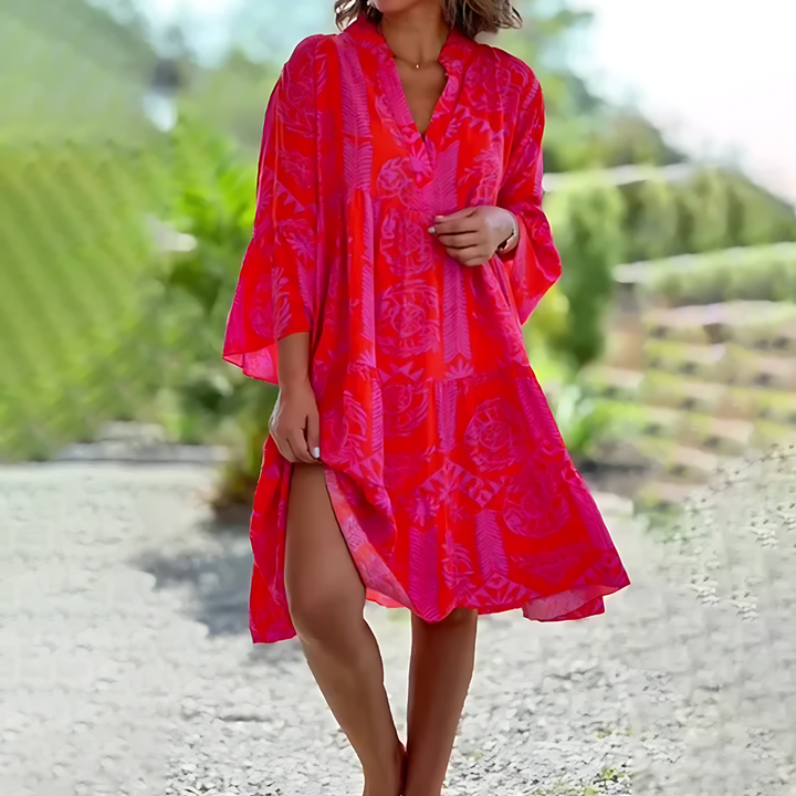 Rita | Women’s Floral Midi Dress with V-neck and Long Sleeve