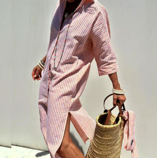 Charlene | Women’s Long Sleeve Striped Shirt Dress with Button Up