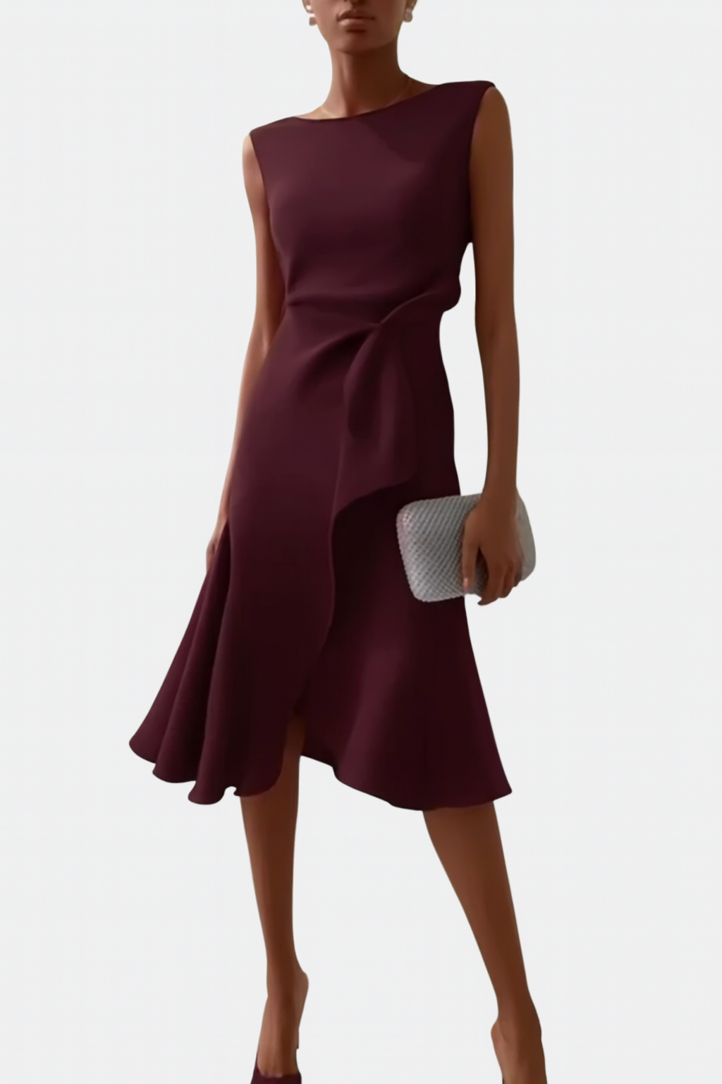 Sheila | Women’s Draped Asymmetric Sleeveless Midi Dress with Ruffle Detail