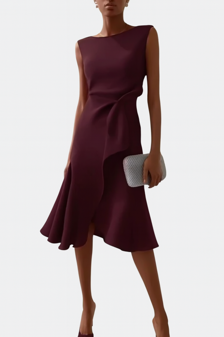 Sheila | Women’s Draped Asymmetric Sleeveless Midi Dress with Ruffle Detail