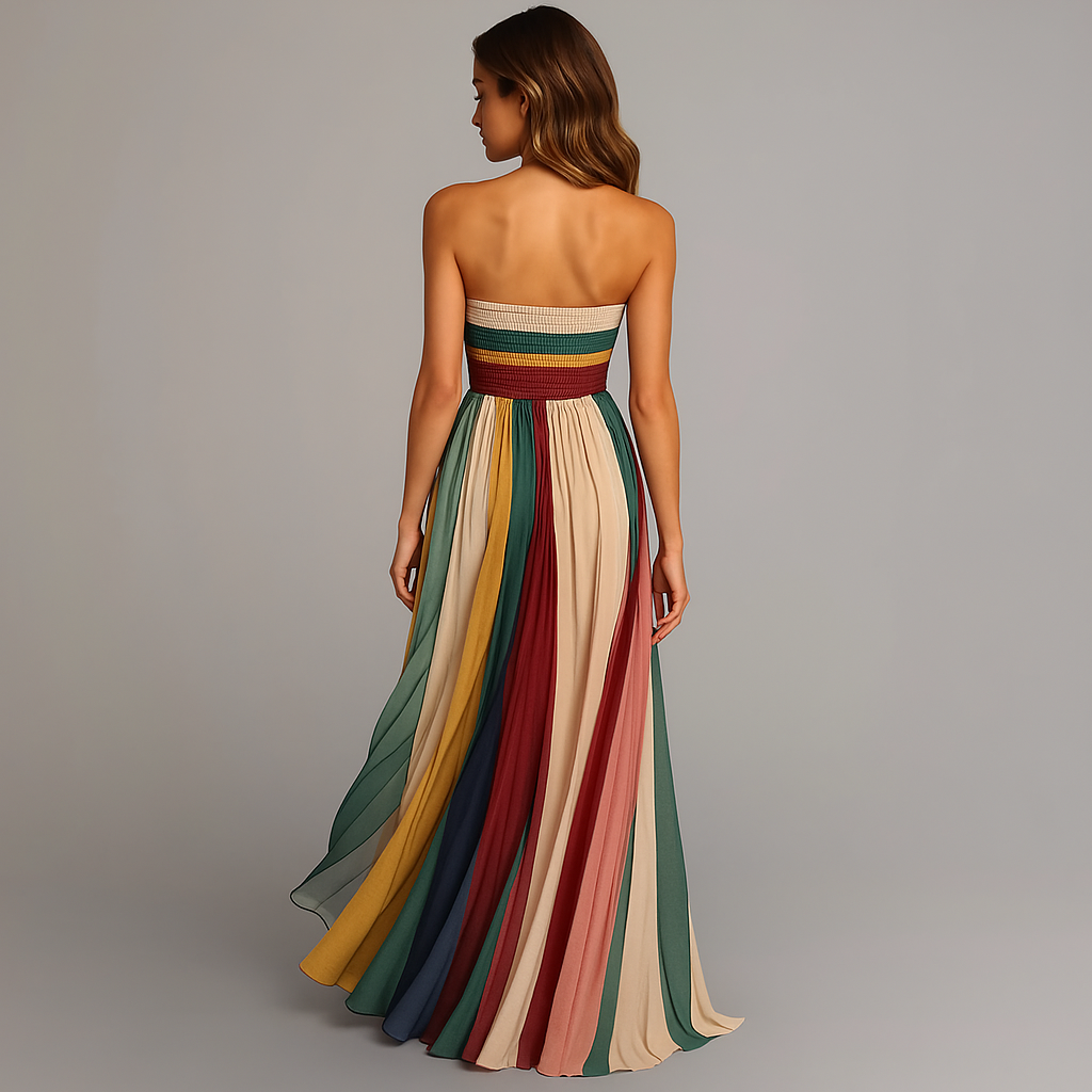 Gareen | Women's Colorful Strapless Party Maxi Dress with Pleated Skirt