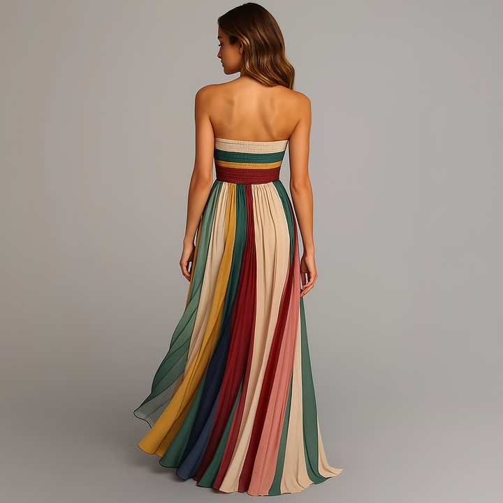Gareen | Women's Colorful Strapless Party Maxi Dress with Pleated Skirt