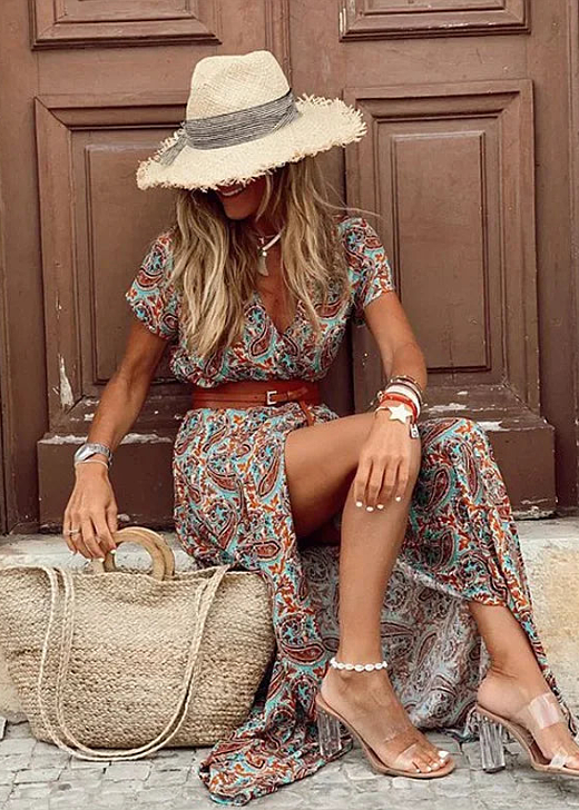 Zephyra | Women's Flowing Boho Style Maxi Dress with Belt and Slit