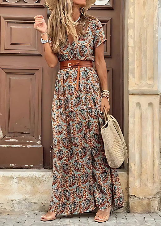 Zephyra | Women's Flowing Boho Style Maxi Dress with Belt and Slit