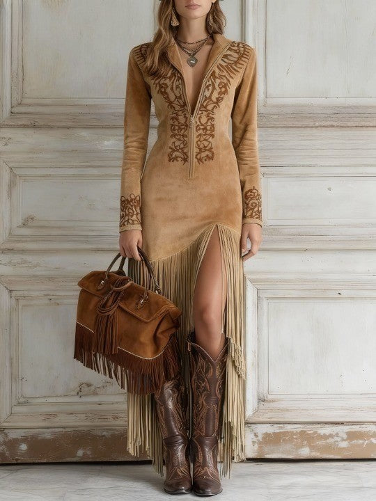 Selmara | Women's Embroidered Zip Front Fringe Midi Dress with Tassel Hem