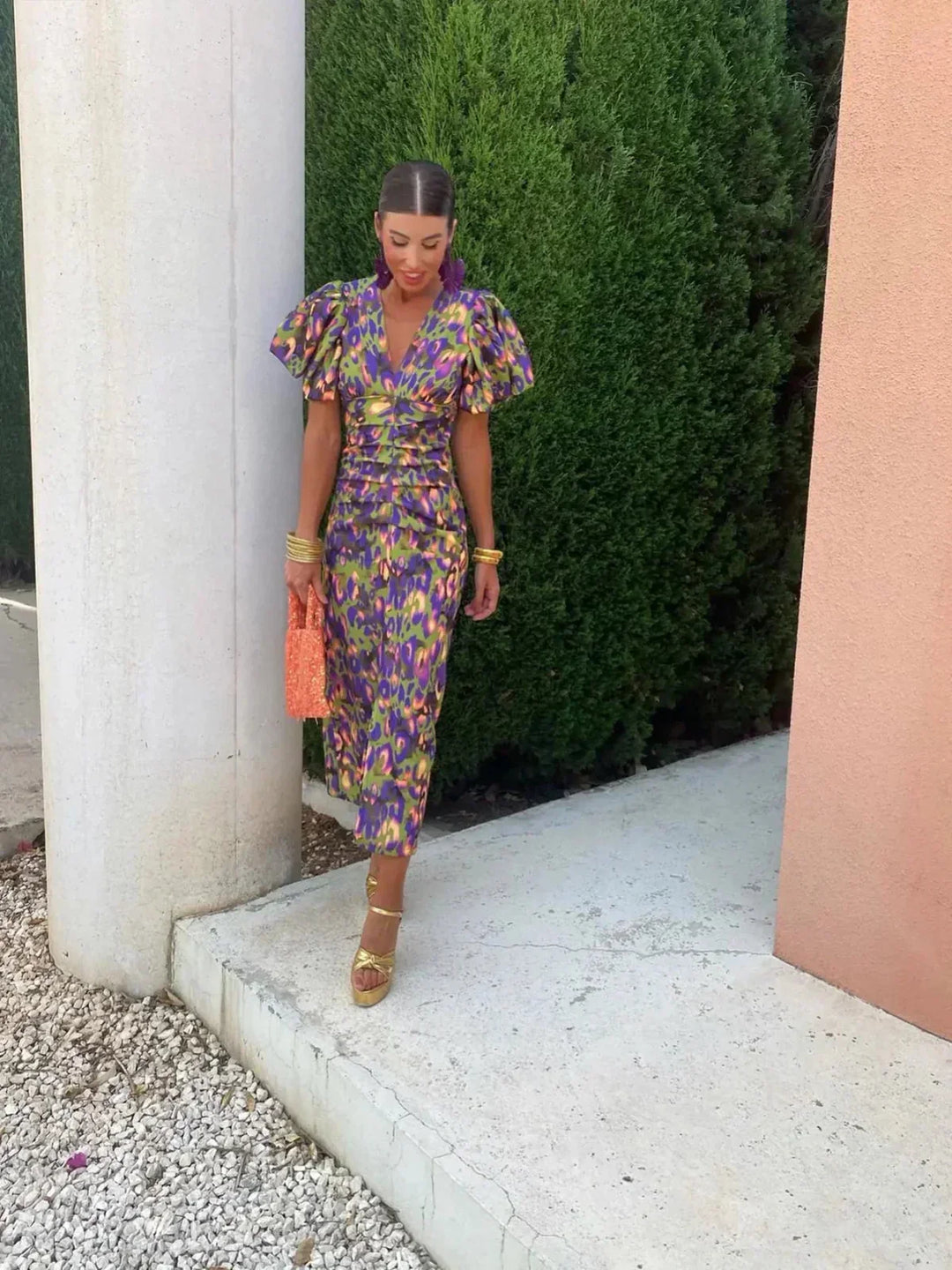 Ariella | Women’s Floral Midi Dress with Puff Sleeves and V-neck