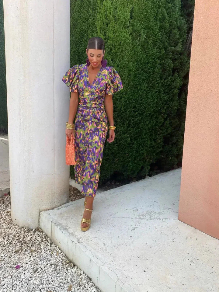 Ariella | Women’s Floral Midi Dress with Puff Sleeves and V-neck