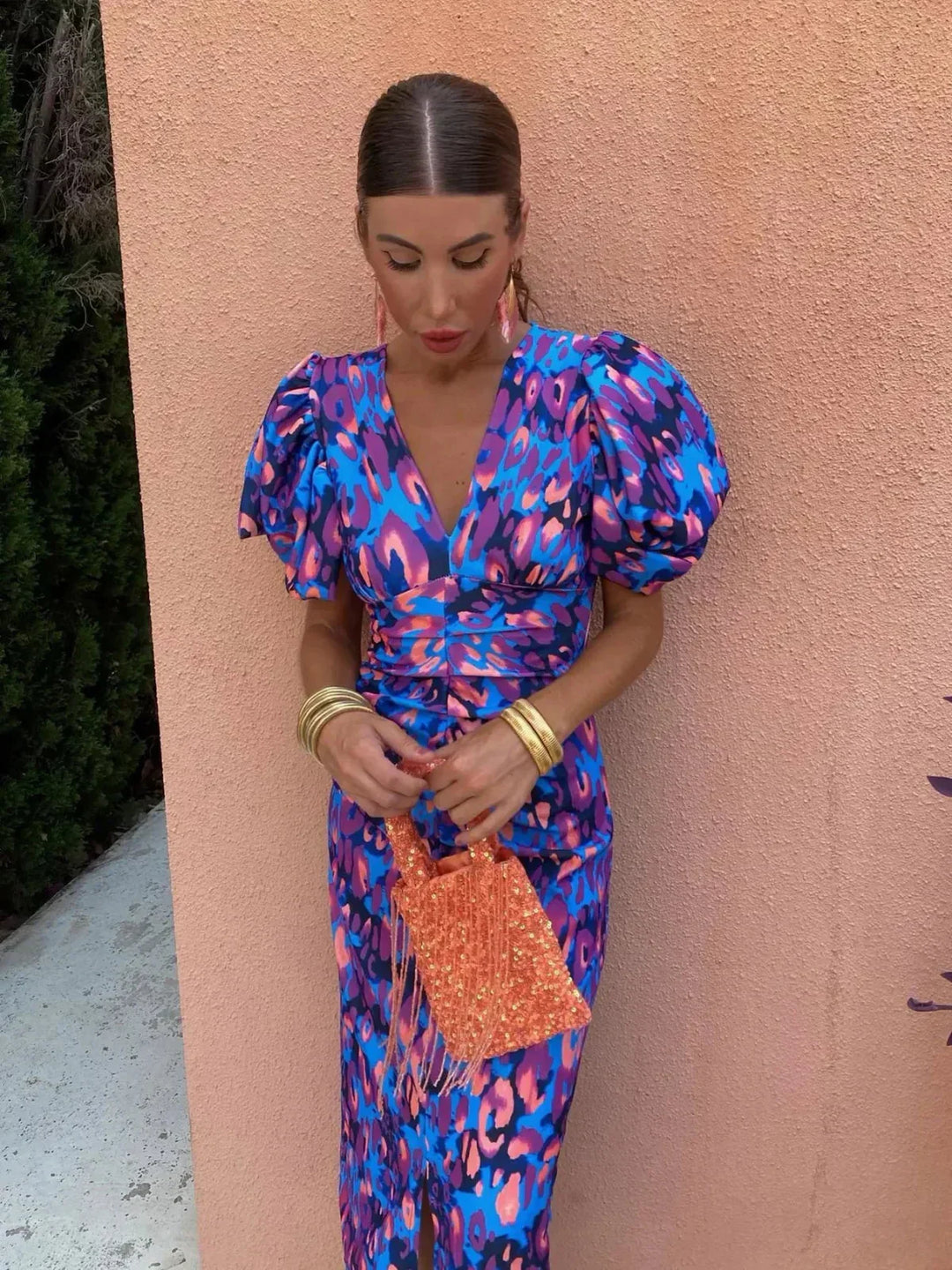 Ariella | Women’s Floral Midi Dress with Puff Sleeves and V-neck