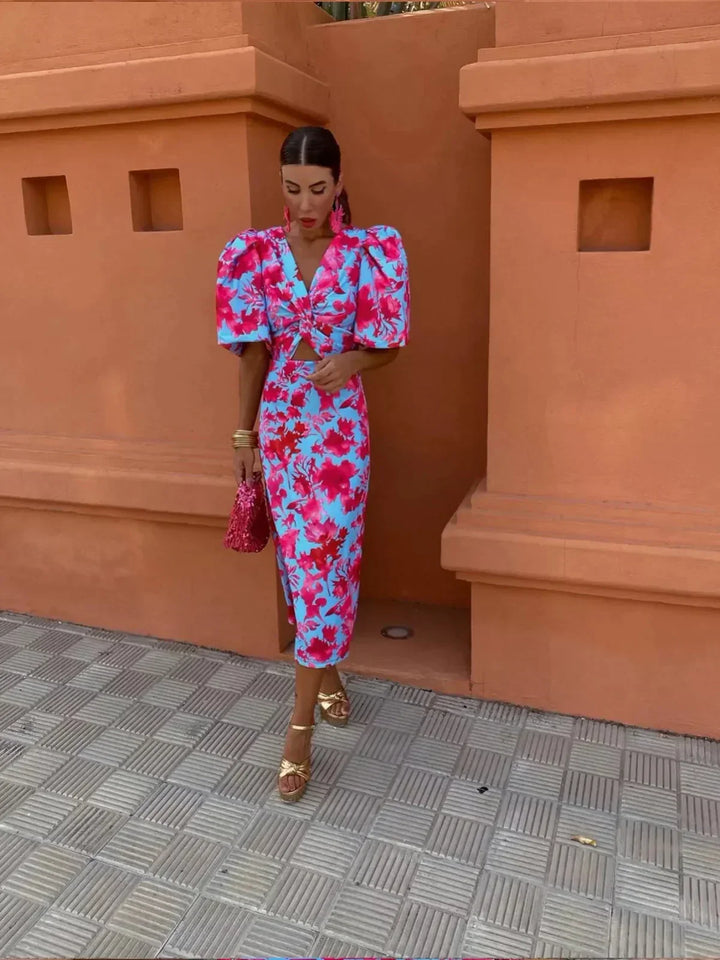Ariella | Women’s Floral Midi Dress with Puff Sleeves and V-neck