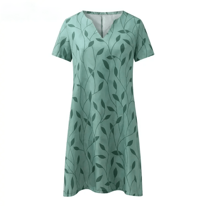Olivara | Women's Leaf Print Midi Dress with Short Sleeve