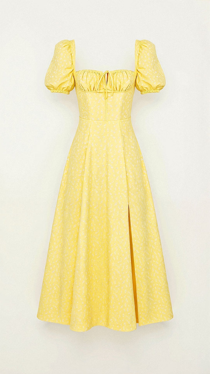 Karyl | Women's Square Neck Floral Slit Dress with Puff Sleeves