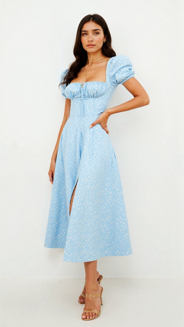Karyl | Women's Square Neck Floral Slit Dress with Puff Sleeves