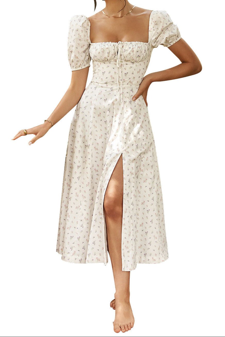 Karyl | Women's Square Neck Floral Slit Dress with Puff Sleeves