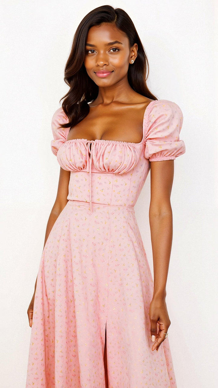 Karyl | Women's Square Neck Floral Slit Dress with Puff Sleeves