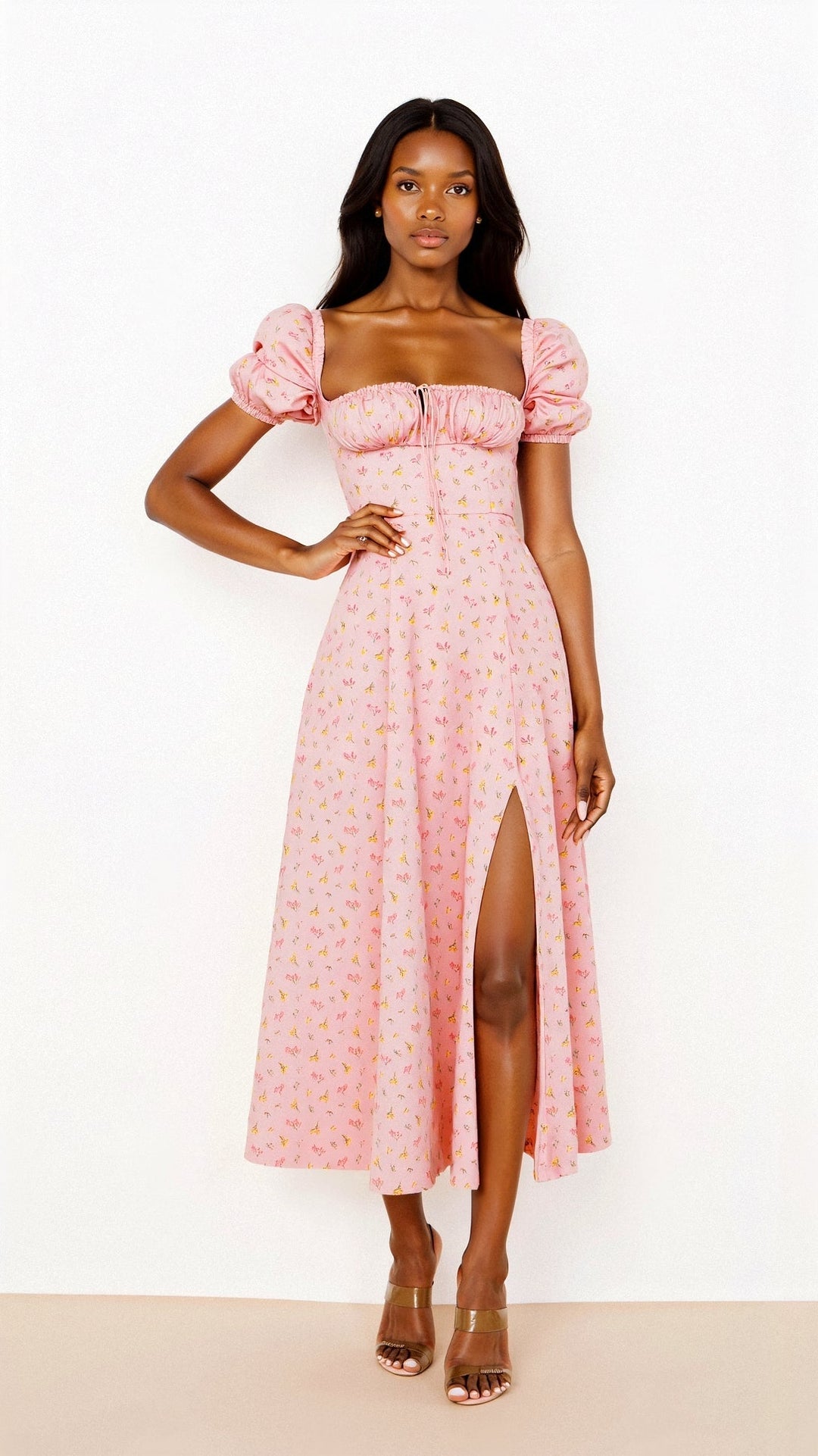 Karyl | Women's Square Neck Floral Slit Dress with Puff Sleeves