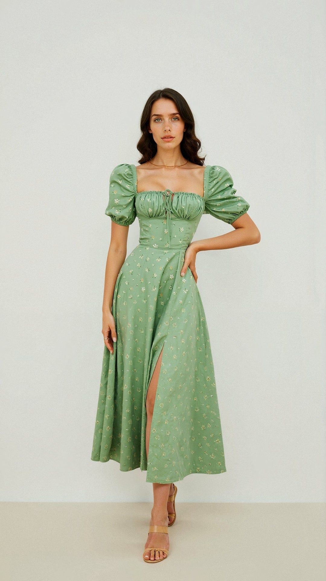 Karyl | Women's Square Neck Floral Slit Dress with Puff Sleeves