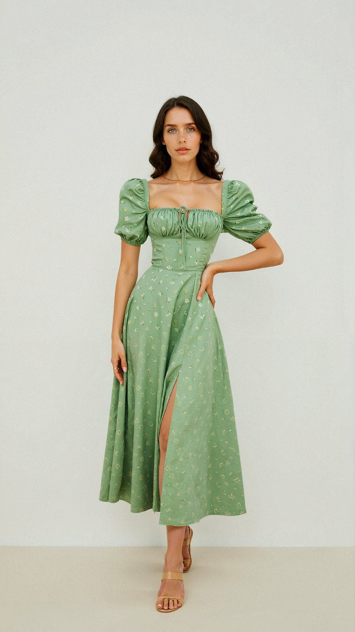 Karyl | Women's Square Neck Floral Slit Dress with Puff Sleeves