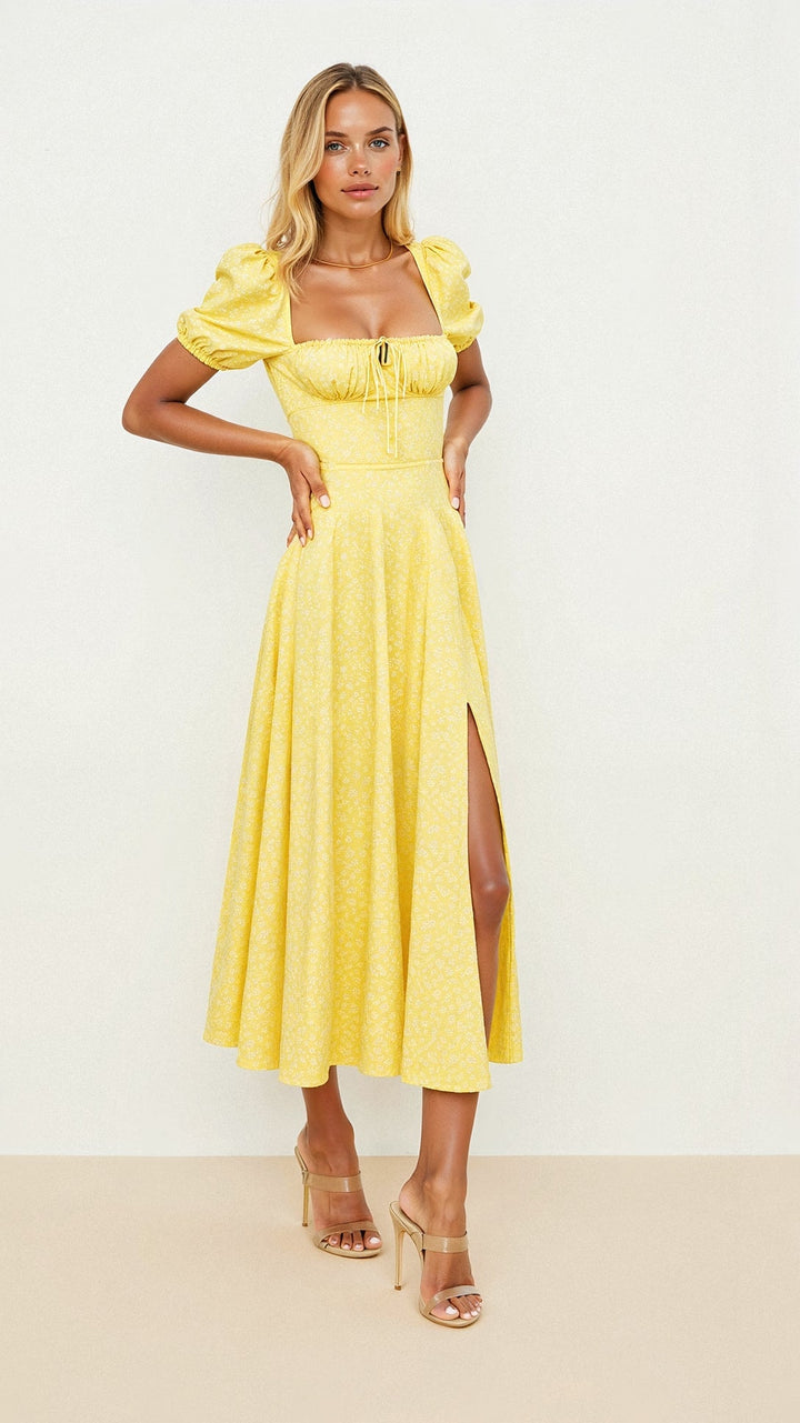 Karyl | Women's Square Neck Floral Slit Dress with Puff Sleeves