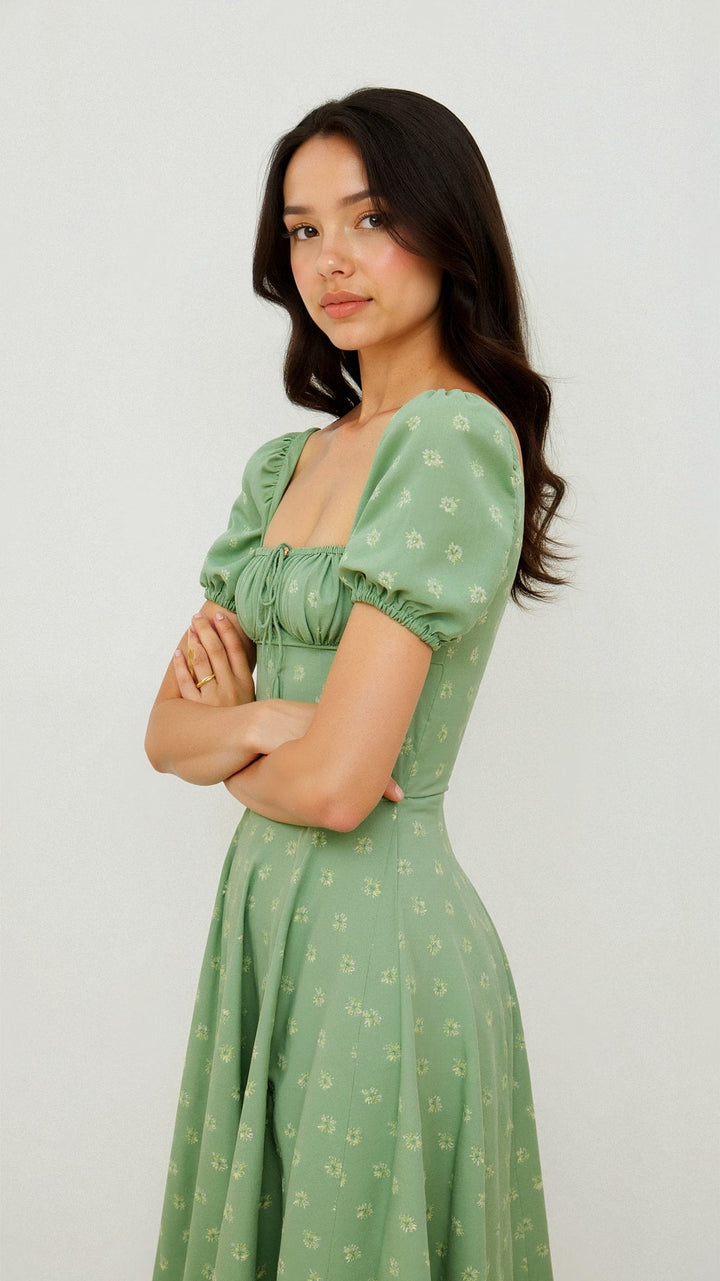 Karyl | Women's Square Neck Floral Slit Dress with Puff Sleeves