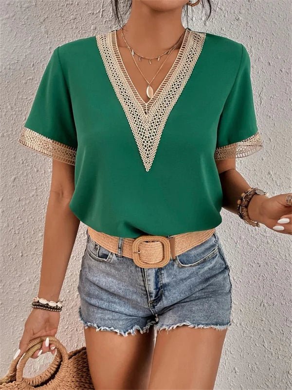 Evaniah | Women's V-Neck Blouse with Lace Trim and Short Sleeves