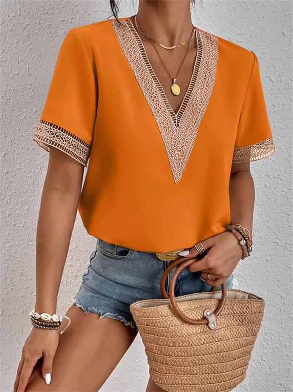Evaniah | Women's V-Neck Blouse with Lace Trim and Short Sleeves