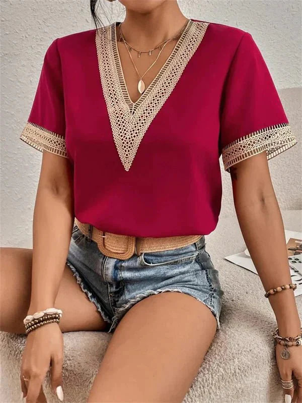 Evaniah | Women's V-Neck Blouse with Lace Trim and Short Sleeves