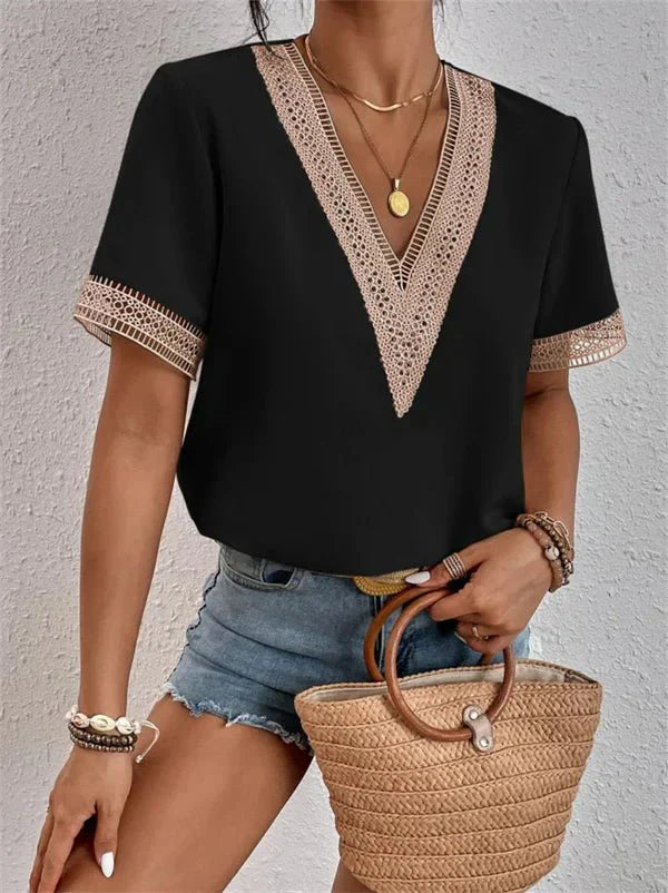 Evaniah | Women's V-Neck Blouse with Lace Trim and Short Sleeves