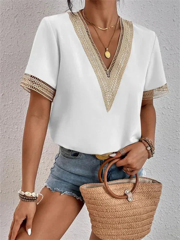 Evaniah | Women's V-Neck Blouse with Lace Trim and Short Sleeves